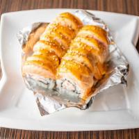 Hot Mama Special Roll · Imitation, snow crab roll wrapped with salmon, baked with sweet and spicy dressing.