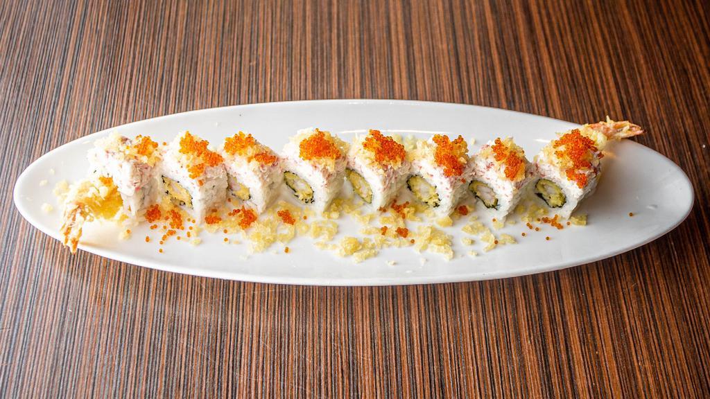 Crunchy Giants Roll · Spicy. Shrimp tempura roll topped with imitation snow crab, crunchy flakes, and tobiko.