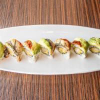 Naked Dragon Roll · Shrimp tempura roll topped with eel and avocado..