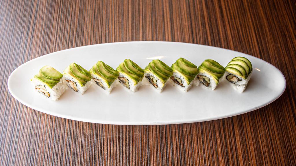 Green Caterpillar Roll · BBQ eel and cucumber topped with avocado and eel sauce.