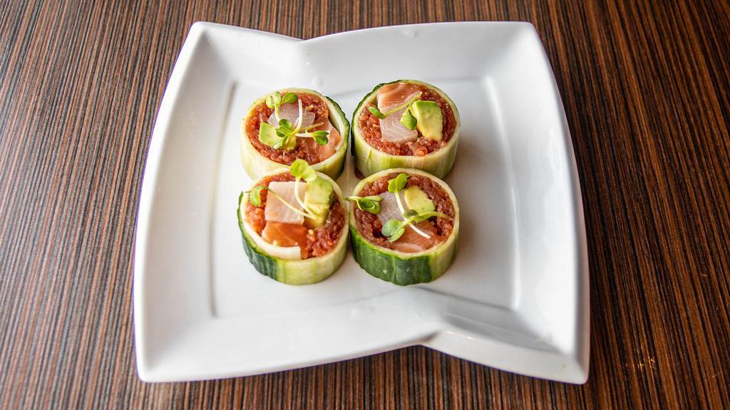 4 Pieces Sunset Strip Roll · Spicy. Spicy tuna, hamachi, salmon, and avocado wrapped in cucumber.