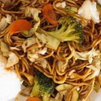 Yakisoba · Stir fry noodles dish with choice of topping and it's seasoned with a sweet and savory sauce.