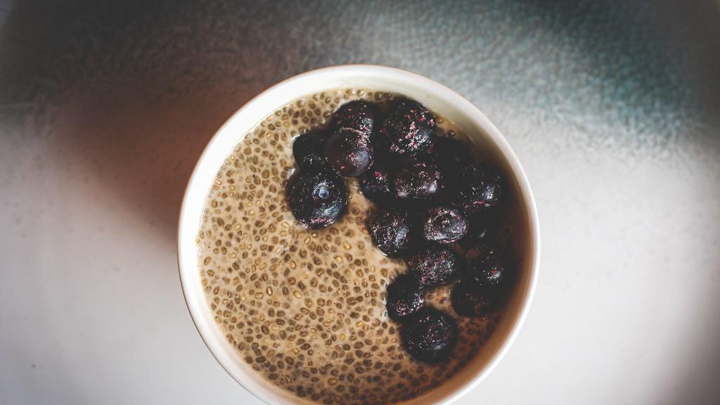 Blueberry Chia Pudding · Creamy chia seed pudding made with coconut almond milk and lightly sweetened with coconut sugar. Topped with organic blueberries.