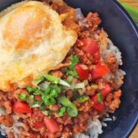 Tomato Pork Rice Bowl with Fried Egg and scallions (茄汁肉末飯加蛋) · Minced pork meat served over rice with fried chicken egg, chopped tomatoes and scallion.