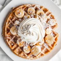 Caramel Pecan N' Banana Waffle · A crispy waffle topped with chopped pecans and sliced bananas, with caramel topping. 856-133...