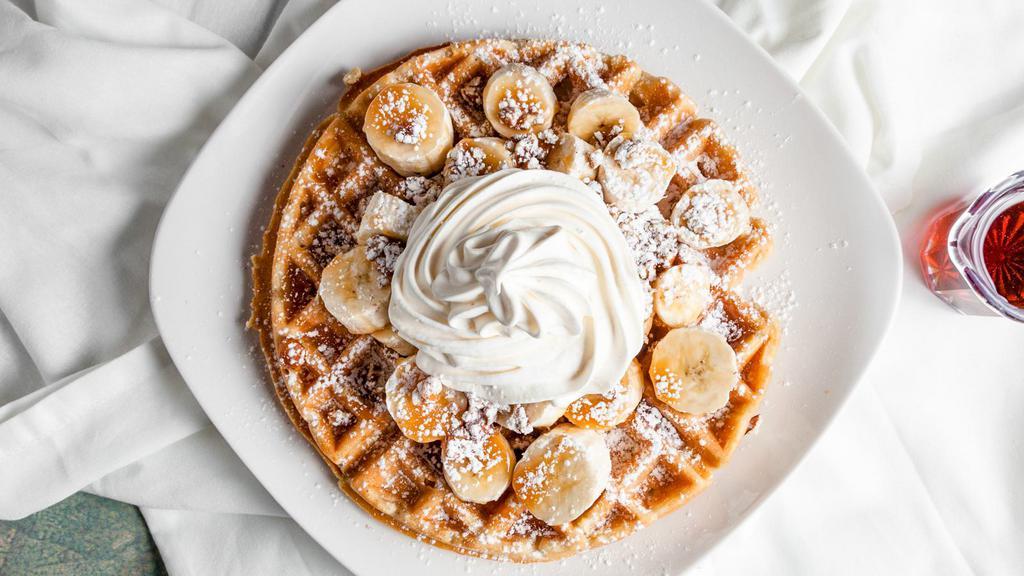 Caramel Pecan N' Banana Waffle · A crispy waffle topped with chopped pecans and sliced bananas, with caramel topping. 856-1336 cal.