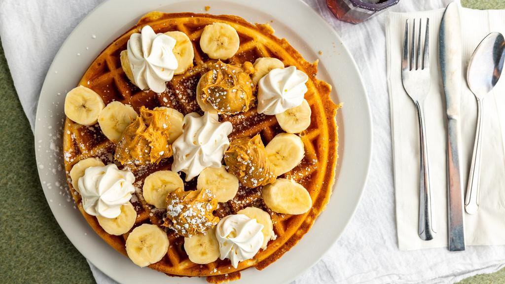Peanut Butter Banana · Chunky peanut butter and slices of ripe bananas make this
waffle our most popular. 690 cal.