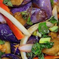 *Eggplant w. Fresh Basil (炒茄子) · Eggplant wok-seared with fresh basil, garlic, hoisin sauce, sweet red peppers, jalapeño, and...