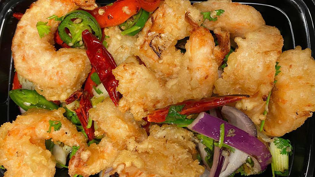 *Salt & Pepper Prawn (椒盐虾) · Crispy fried prawns tossed with sweet peppers, onion, jalapeño, cilantro, salt and pepper. Spicy.