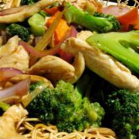Hong Kong Crispy Noodles (煎面) · Fresh broccoli, carrots, and mushrooms sautéed in a signature brown sauce over a bed of cris...