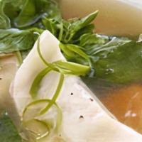 Wonton Soup (馄饨汤) · 6 pork wontons and vegetables in a nice chicken broth.