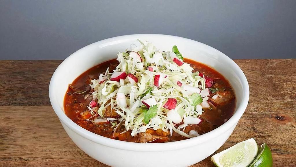 POZOLE * · Pork and hominy stew in a savory broth with guajillo and ancho chiles. Served with cabbage, radish, onion, & oregano.