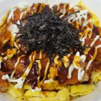 Tonkatsu Mayo Rice Bowl · Fried pork cutlet with shredded egg, dried seaweed, topped with mayo and sauce over rice.