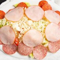 Antipasto Salad · Lettuce, tomatoes, carrots, and mozzarella cheese with pepperoni, salami and Canadian bacon.