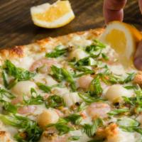 Seafood · 18 inch pizza with bechamel, clam, crab, scallop, shrimp, and green onion.