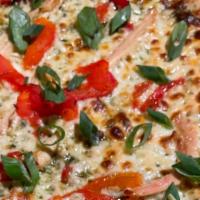 Chicken · 18 inch pizza with pesto, roasted bell pepper and green onion.