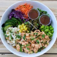 Spicy Shrimp Poke Bowl · Spicy Shrimp served over rice & mixed greens with krab salad, seaweed salad, cucumber, corn,...