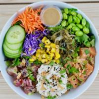 Poke Bowl (2 Scoops) · Your choice of 2 scoops of Protein served over rice & mixed greens with krab salad, seaweed ...