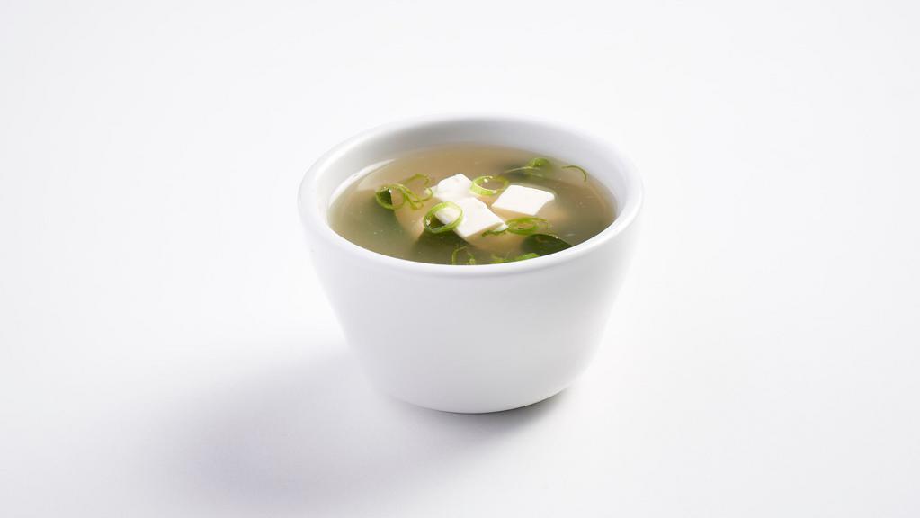 Miso Soup [V] · [V.GF] All natural vegan miso soup w/ tofu, green onion & wakame seaweed