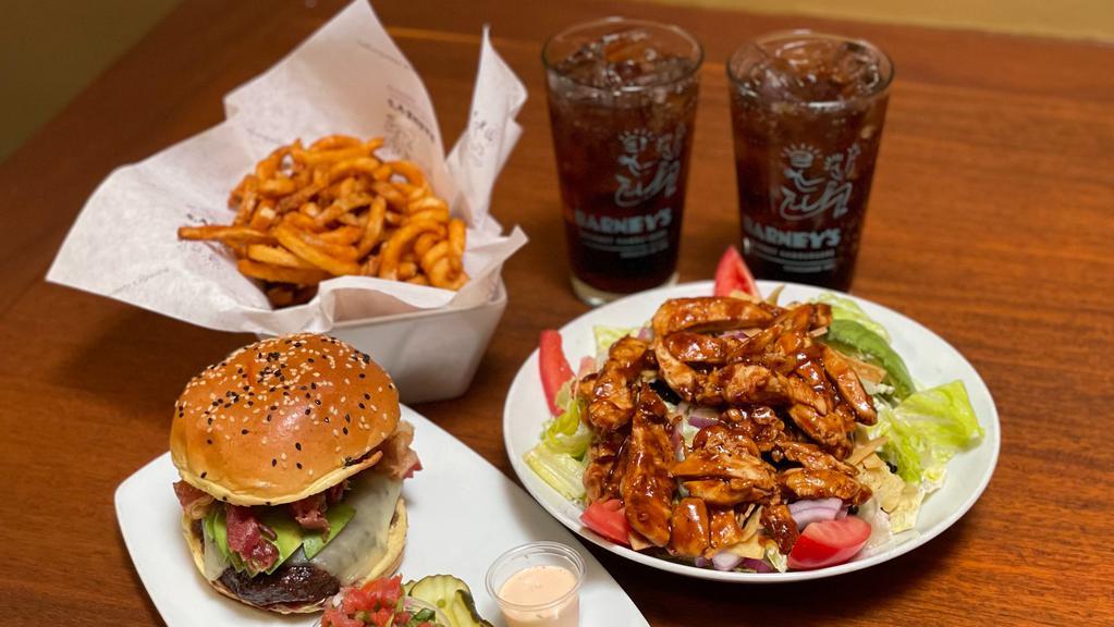 Exclusive Meal for 2 (Baja burger, BBQ chicken salad, Single Curly fries and 2 Coca colas) · Includes a Baja burger, BBQ chicken salad, Curly fries and 2 Coca colas