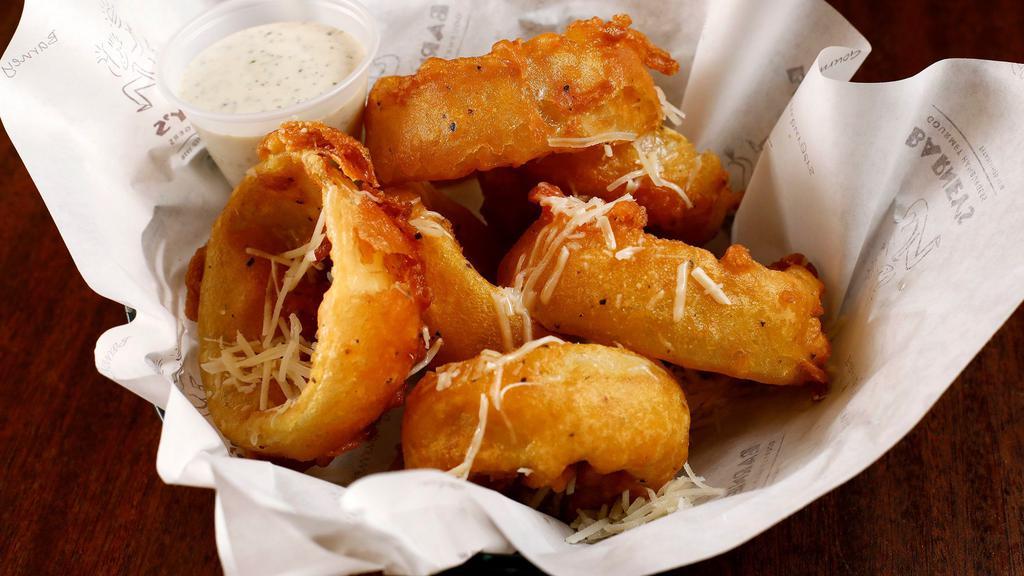 Onion Rings · Beer-battered, parmesan and ranch.