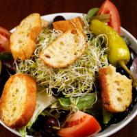   Barney’s Salad (Small) · Organic spring mix, romaine, black beans, garbanzo, Kalamata olives, tomato, sprouts, pepero...
