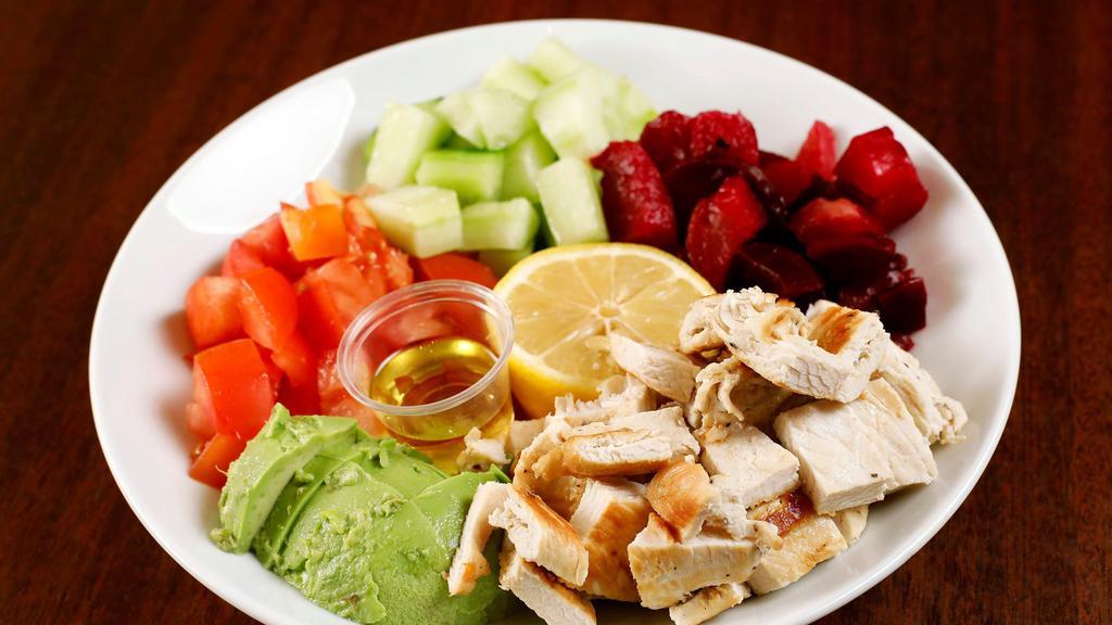 Beach Body Salad · Grilled chicken, tomato, cucumber, beets, and avocado with lemon and extra virgin olive oil.
