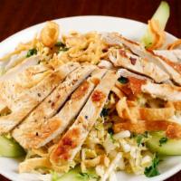 Chinese Chicken Salad · Shredded lettuce and napa cabbage, grilled chicken, cilantro, sesame seeds, cucumbers and wo...