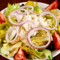 Greek Salad · Vegetarian. Romaine, tomato, peperoncini, cucumber, red onion, kalamata olives and feta with...