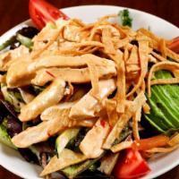 Chipotle Chicken Salad · Baby green mix, grilled chicken, avocado, chipotle sauce, black beans, grilled zucchini, tom...