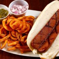 Barneys Hot Dog · Served with sweet relish and chopped red onion. All hot dogs come with curly fries and serve...