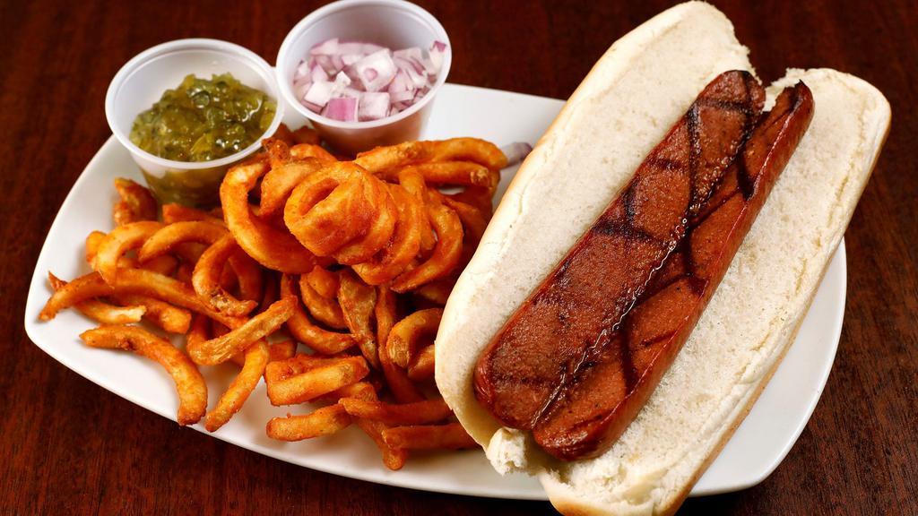 Barneys Hot Dog · Served with sweet relish and chopped red onion. All hot dogs come with curly fries and served on hot dog bun or baguette.