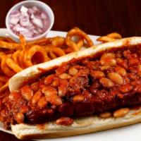 Chili Hot Dog · House-made beef chili with beans, cheddar beans and chopped red onion. Comes with curly frie...