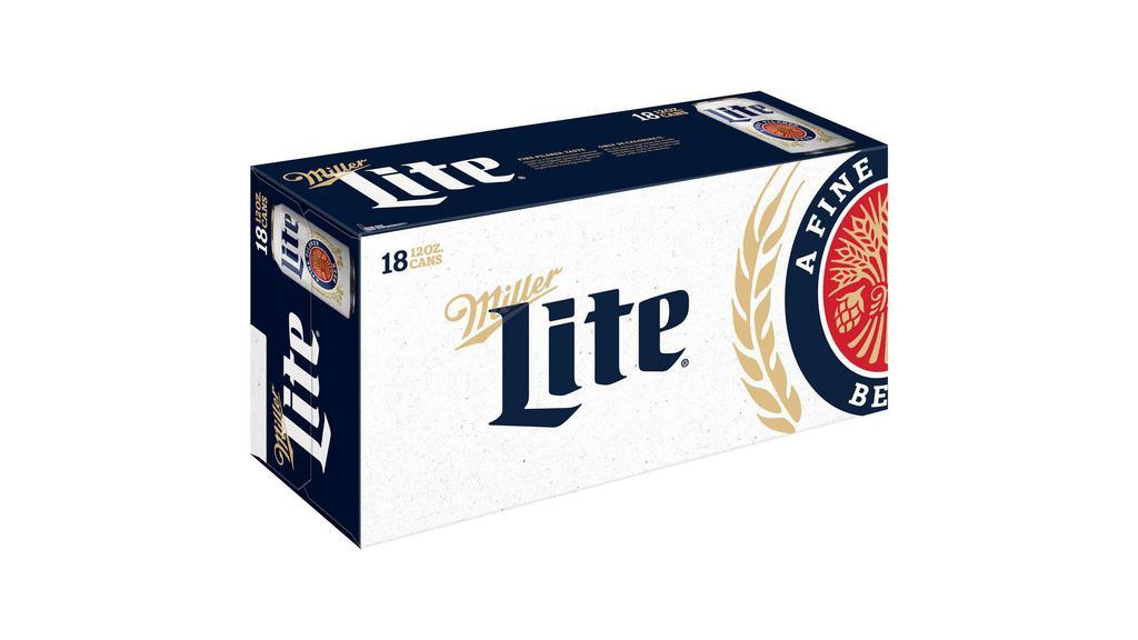 Miller Lite Can (12 oz x 18 ct) · Miller Lite Beer is the original light lager beer. With a smooth, light and refreshing taste, this American-style pilsner beer has 4.2% ABV. Brewed for more taste, this light beer has a light to medium body with a hop-forward flavor, solid malt character, and a clean finish. This case of beer cans makes bringing along tasty drinks easy. Miller Lite is brewed with pure water for great taste; barley malt for flavor and golden color; and Galena and Saaz hops for aroma, flavor, and bitterness.