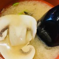 Miso Soup · Miso soup with tofu, seaweed and mushroom.