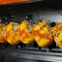Summer Mango Roll · Tempura shrimp, cream cheese, wrapped in mango.
