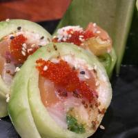 Naruto Roll · Tempura shrimp, unagi, salmon, tuna, hamachi, wrapped in cucumber, topped with seaweed salad...