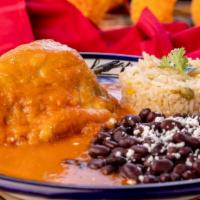 Chile Relleno · Stuffed Poblano with Chihuahua Cheese, rice, beans and handmade tortillas.