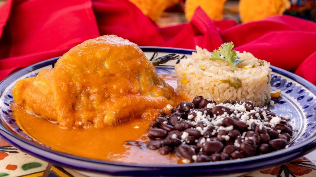 Chile Relleno · Stuffed Poblano with Chihuahua Cheese, rice, beans and handmade tortillas.