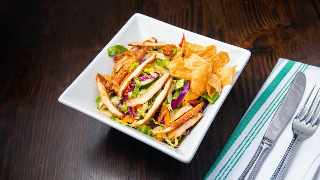 Asian Chicken · Roasted chicken breast, romaine lettuce, green onions, red cabbage, cucumbers, shaved carrots, cilantro, crispy wontons, sesame vinaigrette.