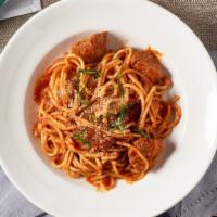 Spaghetti & Meatballs · Marinara sauce, basil, parmiggiano.