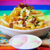 Extremely Gay Fries · Gay fries topped with caramelized onions, cheese & bacon.
