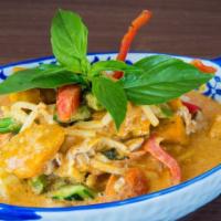 22. Pumpkin Curry · Choice of protein with red curry in coconut milk, pumpkin, zucchini, bamboo shoot, green bea...