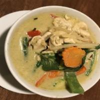 19. Green Curry · Spicy. Choice of protein with spicy green curry, coconut milk, bamboo shoots, zucchini, bell...