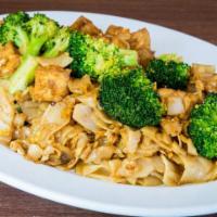 38. Pad See-Ew · Pan-fried wide rice noodles with a choice of chicken or pork, with egg and broccoli. Add shr...