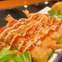 A.16 Sriracha Shrimp · Deep Fried Tempura and Topping with Spicy Mayo, Sesame Seed and Green Onion.