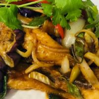 H1. Pad Ped Tilapia · Spicy. Golden fried lightly breaded tilapia fillet with bell peppers, onions, eggplant, and ...