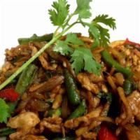 W1. Pad Kra Prow · Spicy. Bell peppers, jalapeño, Thai basil, onions, bamboo shoots, green beans, sautéed in sp...