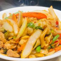 N3. Drunken Noodles · Spicy. Stir fried flat rice noodles or spaghetti with jalapeño, Thai basil, garlic, green be...