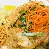 N7. Pad Mee Kati · Stir fried vermicelli with diced tofu, bean sprouts, chives, and a choice chicken, pork, bee...